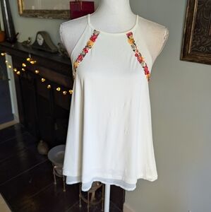 NEW Francesca's Women's Medium Embroidered Floral Layered White Boho Tank Top 76